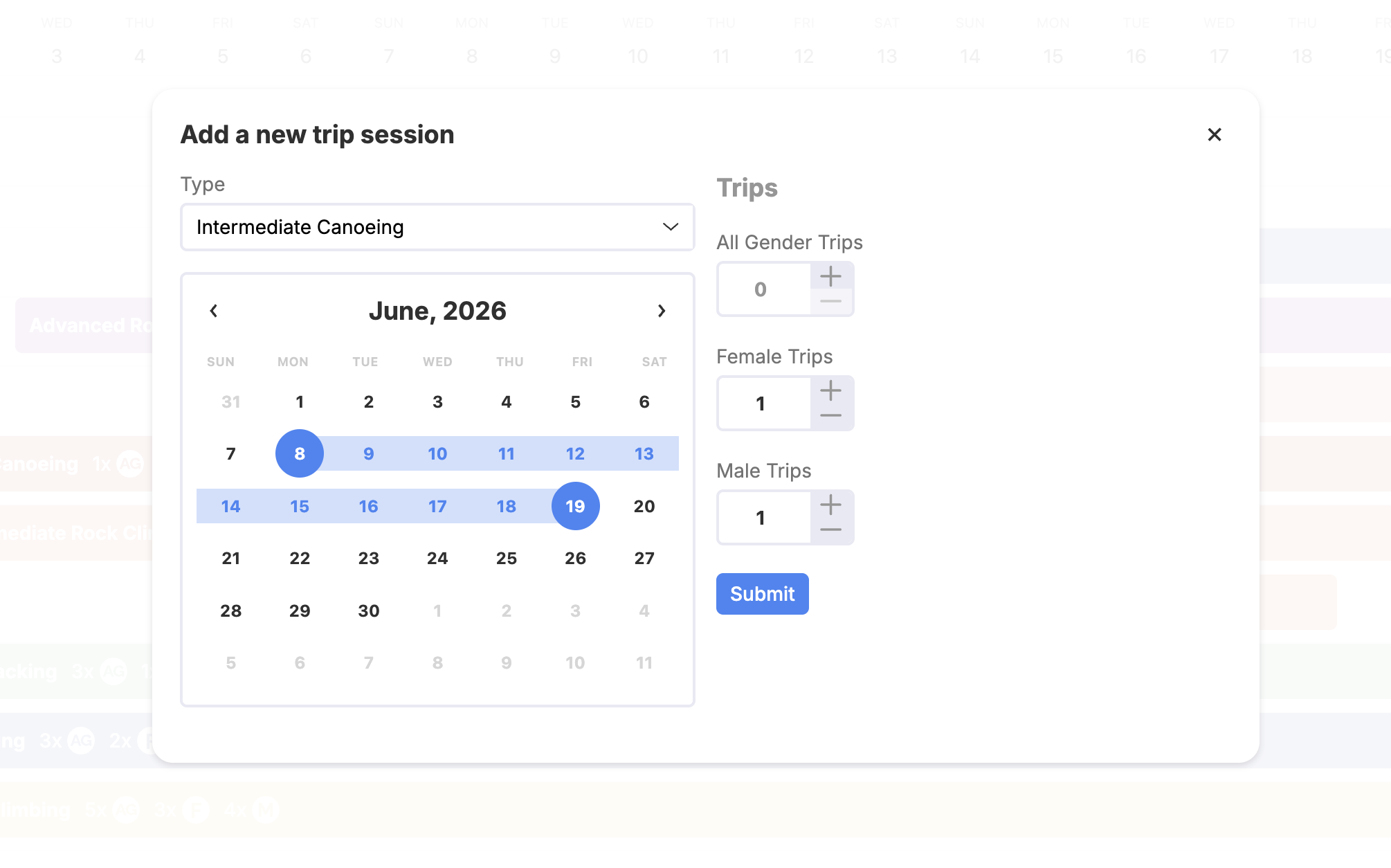 Add a new trip session: type, dates, and trip counts