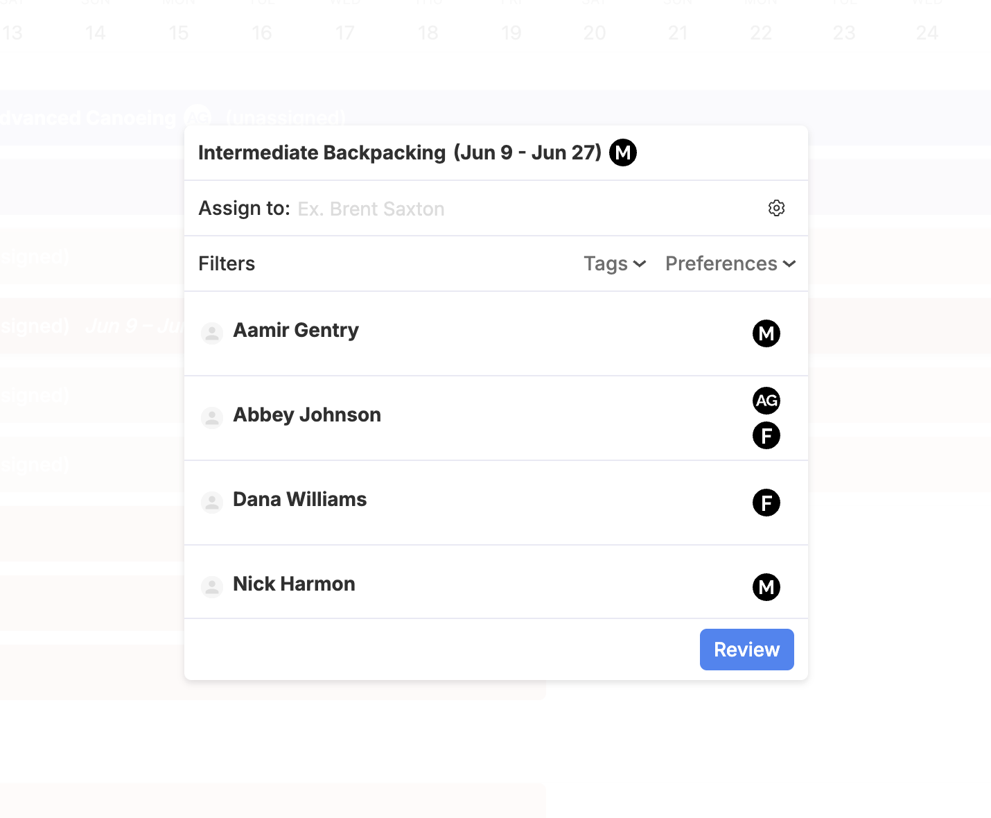 Assign trip leaders: choose from available staff