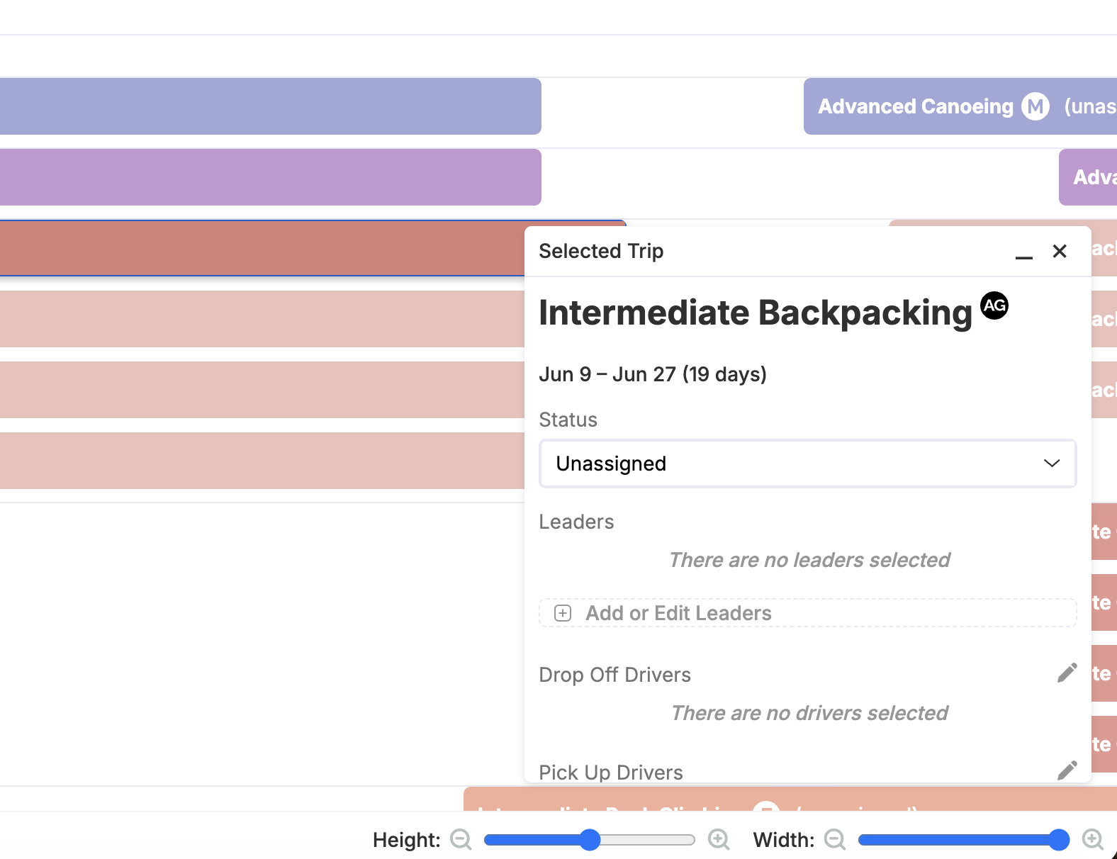 Selected trip pane with leaders and Add or Edit Leaders